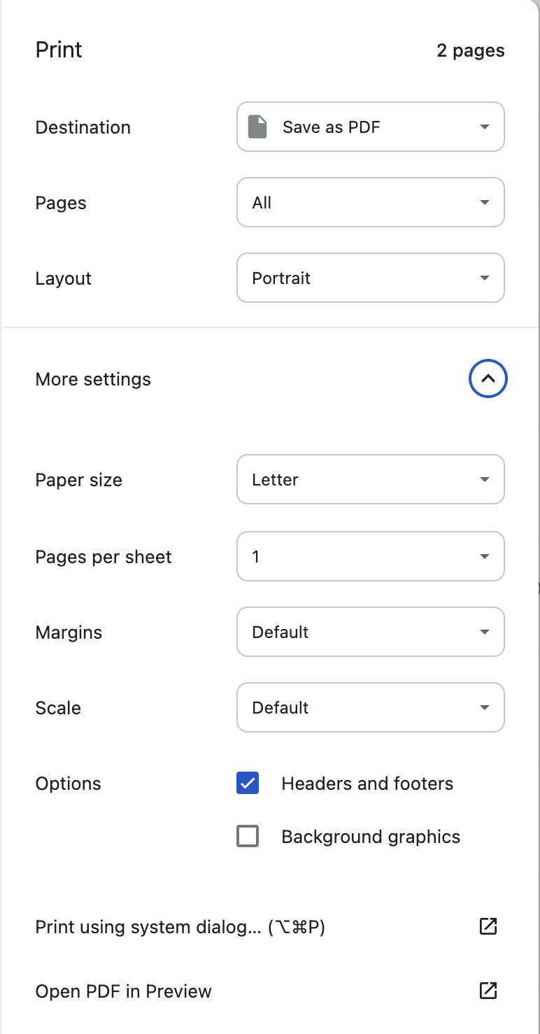 PDF print settings showing Headers and footers option