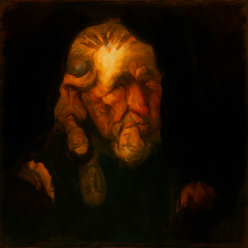 An old man upright, people around a fire upside down